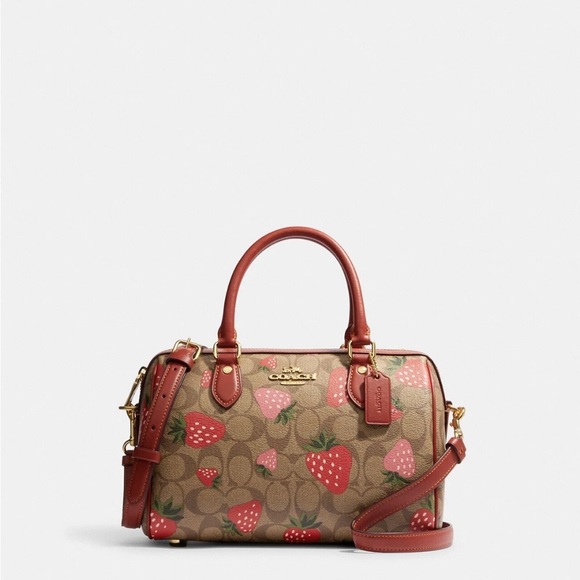 Coach Brown Signature Canvas Satchel with Red Strawberry Print and Red Trim Set - Picture 5 of 5